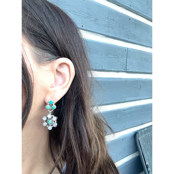 Turquoise Pink Opal Cluster Dangle Earrings Sterling Silver Southwestern 1.5” - Picture 4 of 6